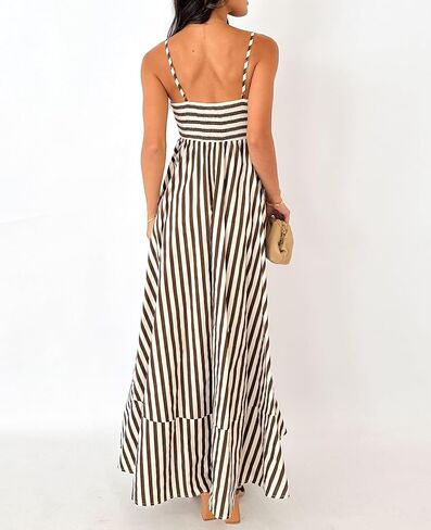 NUFIWI Women Summer Striped Maxi Dress Spaghetti Strap Cutout Ruffle Long Dress Flowy Swing Beach Vocation Dress in Saudi Arabia