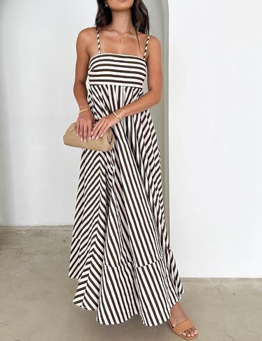 NUFIWI Women Summer Striped Maxi Dress Spaghetti Strap Cutout Ruffle Long Dress Flowy Swing Beach Vocation Dress in Saudi Arabia