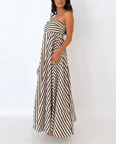 NUFIWI Women Summer Striped Maxi Dress Spaghetti Strap Cutout Ruffle Long Dress Flowy Swing Beach Vocation Dress in Saudi Arabia