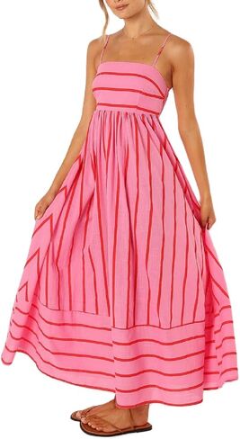 NUFIWI Women Summer Striped Maxi Dress Spaghetti Strap Cutout Ruffle Long Dress Flowy Swing Beach Vocation Dress in Saudi Arabia