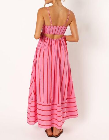 NUFIWI Women Summer Striped Maxi Dress Spaghetti Strap Cutout Ruffle Long Dress Flowy Swing Beach Vocation Dress in Saudi Arabia