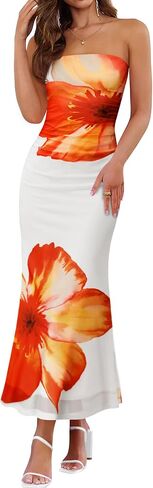 ZESICA Womens Boho Floral Strapless Maxi Dress 2025 Summer Off Shoulder Bodycon Beach Party Long Dresses in Saudi Arabia