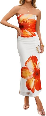 ZESICA Womens Boho Floral Strapless Maxi Dress 2025 Summer Off Shoulder Bodycon Beach Party Long Dresses in Saudi Arabia