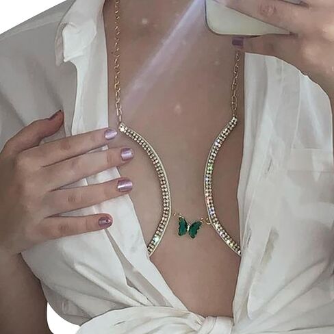 مثير لبطولة راينستون خضراء الصدر سلسلة Bikini bara bory body chain crystal chain chain chain chain party party rave keymonder kewelry for women in Kuwait