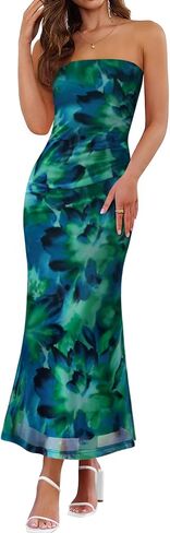 ZESICA Womens Boho Floral Strapless Maxi Dress 2025 Summer Off Shoulder Bodycon Beach Party Long Dresses in Saudi Arabia