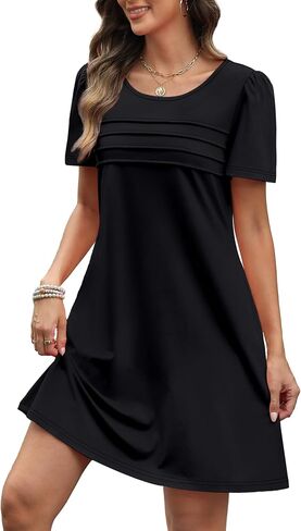 OFEEFAN Womens Pleated Front Dresses Fashion Spring Puff Sleeve Pockets Sundress Casual Summer in Saudi Arabia