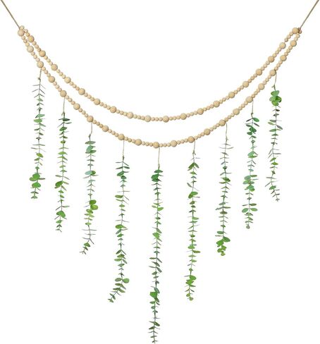Hanging Eucalyptus Boho Wall Decor Large Boho Bedroom Wall Hanging Wooden Bead Garland Artificial Eucalyptus Natural Greenery Decoration, 36 x 36 Inch in Saudi Arabia