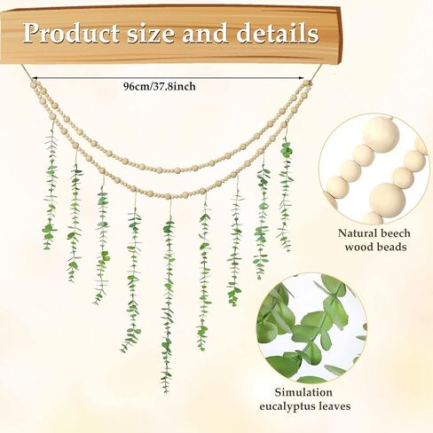 Hanging Eucalyptus Boho Wall Decor Large Boho Bedroom Wall Hanging Wooden Bead Garland Artificial Eucalyptus Natural Greenery Decoration, 36 x 36 Inch in Saudi Arabia
