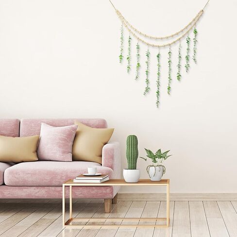 Hanging Eucalyptus Boho Wall Decor Large Boho Bedroom Wall Hanging Wooden Bead Garland Artificial Eucalyptus Natural Greenery Decoration, 36 x 36 Inch in Saudi Arabia