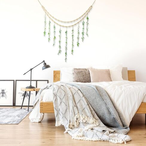 Hanging Eucalyptus Boho Wall Decor Large Boho Bedroom Wall Hanging Wooden Bead Garland Artificial Eucalyptus Natural Greenery Decoration, 36 x 36 Inch in Saudi Arabia