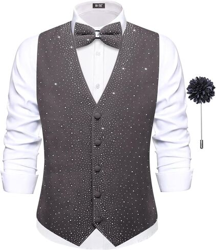 Hi-Tie Men's Sparkling Velvet Waistcoat Suit Vest and Bow Tie Set Tuxedo Vests Flower Lapel Pin for Wedding Party Performance in Saudi Arabia