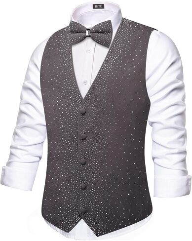 Hi-Tie Men's Sparkling Velvet Waistcoat Suit Vest and Bow Tie Set Tuxedo Vests Flower Lapel Pin for Wedding Party Performance in Saudi Arabia