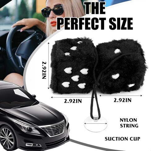 Pink Fuzzy Plush Dice for Car Rear View Mirror, Pair of 2.75" Heart Embroidered Automotive Interior Hanging Ornament Retro Decoration Accessories (Pink) in Saudi Arabia