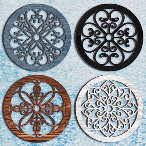Yulejo 4 Pcs Thicken Rustic Wall Decor Farmhouse Kitchen Wall Round Art Wooden Hollow Carved Design Rustic Art for Living Room Bedroom Hallway Decor (9.8 x 9.8 Inch,Black, Brown)