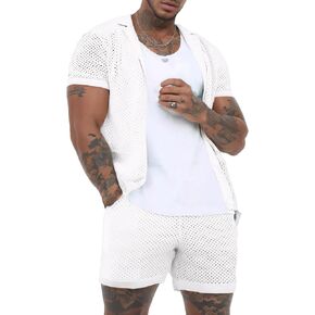 FEOYA Men Lace Mesh 2 Piece Outfits See Through Casual Shirts and Shorts Hollow Out Shorts Set