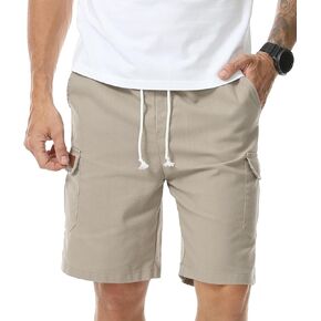 Mens Linen Shorts Casual Elastic Drawstring Lightweight Shorts Outdoor Running Beach Vacation Multi-Pockets Short