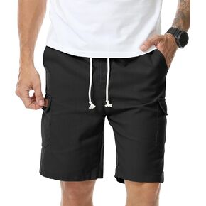Mens Linen Shorts Casual Elastic Drawstring Lightweight Shorts Outdoor Running Beach Vacation Multi-Pockets Short in Saudi Arabia