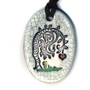 Ceramic Pendant Necklace No Longer Weeping Willow Tree in Antique Crackle