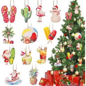 CCINEE 36pcs Tropical Christmas Wooden Hanging Ornaments, Summer Xmas Tree Decorations for Beach Christmas in July Hawaii Party Wooden Ornaments
