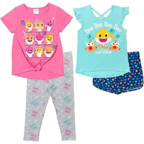 Pinkfong Baby Shark Girls Girts T-Shirt Tank Take Top Leggings & Dolphin Shorts 4 Piece Steft Toddler