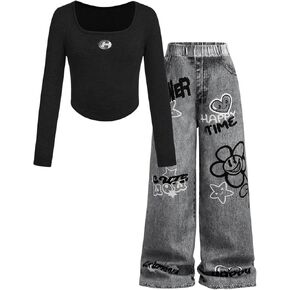 SOLY HUX Girl's 2 Piece Outfits Graphic Print Long Sleeve Tee Tops and Jean Pants Streetwear Set
