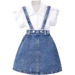 MakeMeChic Girl's 2 Piece Outfits Ruffle Tiered Button Down Shirt and Denim Overall Skirt Set