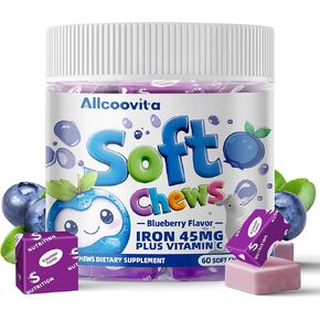 Iron Soft Chew Supplement with Vitamin C | Strawberry Flavored | Gluten Free | Iron Supplement for Women Men and Kids | 60 Count | 2 Month Supply