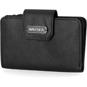 Nautica Womens ، WLAIN Reach Levegan Leather RFID Wallet ، محفظة حامل بطاقة الائتمان الصغيرة مع جيب عملة سحاب ونافذة معرف باللون الأسود