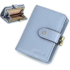 Full Grain Leather Kiss Lock Wallet for Women Kiss Clasp Coin Purse Small Bifold Card Holder with Rfid Blocking (Green)