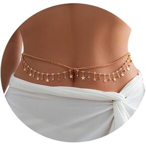 Gold Multi-layer Tassel Star Rhinestone Waist Chain Jewelry Crystal Shell Belly Body Chain Festival Rave Rhinestone Butterfly Belt Hip Waist Body Accessories Jewelry for Women (Star)
