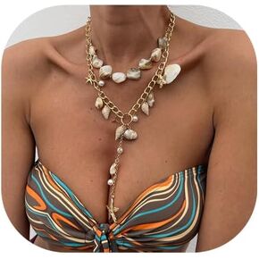 2Pcs Metal Link Chain Necklace Gold Shell Starfish Pendant Clavicle Necklace Summer Beach Layered Pearl Body Chain Jewelry for Women