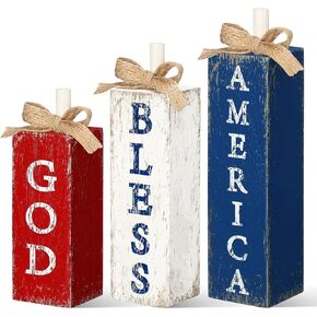 3 Pcs Red White and Blue Decoration Patriotic Wood Block Sign Vintage 4th of July Tiered Tray Decor Rustic Farmhouse Memorial Day Decoration Independence Day Table Centerpiece(American)