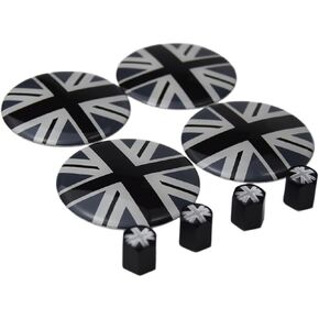 4x Black/Gray Union Jack UK Flag Wheel Center Cap + CAP Valve Capers Mini Coopers R50 R51 R53 R53 R56 R57 R58 R59 R60 R61 F55 F56