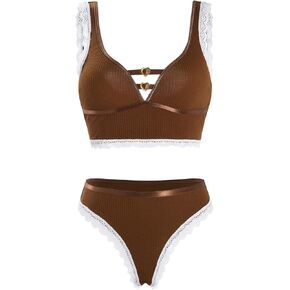 Verdusa Women's 2 Piece Lingerie Set Lace Trim Matching Bra Bra and Panty Sets