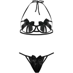 Women Lingerie 2 pieces Cute Bow Bra and Panty Set Self Tie Halter Neck Sexy Babydoll Strappy Underwear Sleepwear