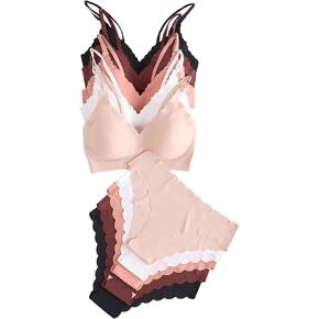 Verdusa Women's 5 Sets Seamless Lingerie Set V Neck Padded Bra and Panty Set Black Red and Beige X-Large