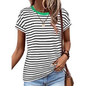 ONLYSHE Womens Short Sleeve Shirts Casual Crewneck Tops Tshirt Basic Tees Summer Fashion Strpied Clothes Outfits Tunic
