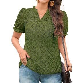 Tops For Women 2025 Boho Floral Short Puff Sleeve Shirts Summer Flowy V Neck Casual Lace Blouses