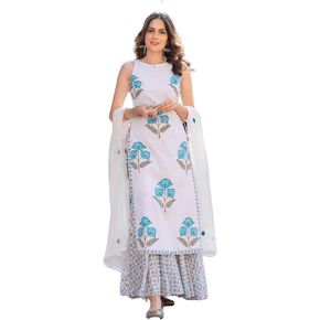 Women's Cotton Blend Printed Straight Kurta Sharara Set With Embroidered Dupatta