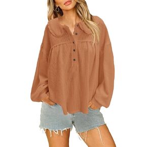 Nirovien Womens Babydoll Tops Oversized Waffle Knit Sweater Long Sleeve Henley Shirts Pullover