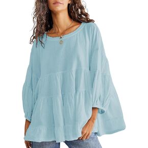 Bankeng Women's Babydoll Shirts 3/4 Lantern Sleeve Peplum Tops Crewneck Loose Fit Oversized Round Neck Tunic Shirts