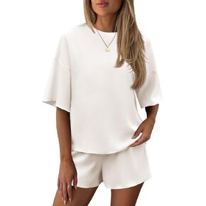Tankaneo Womens Lounge Set 2 Piece Outfits Wallfe Knit Short Sleeve T-shirts Tops and Shorts Summer Pajama Sets