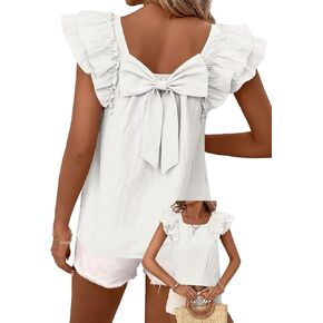 Womens Bow Tie Back Tops Round Neck Ruffle Short Sleeve Shirts Cute Babydoll Chiffon Tee Women Summer Trendy Tunic