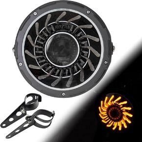 7inch Black LED Motorcycle Headlight X White/Amber DRL with Aluminum Alloy Black Housing Bucket 32-40mm Fork Tube Side Mount Brackets Compatible with Motorbikes