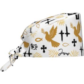 Jesus Cross Working Cap Scrub Cap with Sweatband Adjustable Unisex Women Tie Back Hat Nurse Doctor Surgical Caps