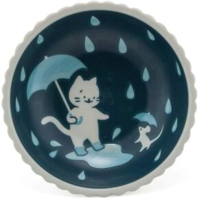 Needzo Japanese Blue Cat with Umbrella and Mouse Design Bowl, 6 1/4 Inch