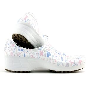 Sticky Printed Colorful Nursing Shoes - Professional Shoes for Women - Nurses Vets CNA LPN RN - Waterproof Non Slip - Comfortable Cleanable Clogs - White