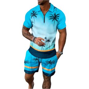 COZYEASE Men's 2 Piece Vacation Outfits Quarter Zip Tropical Shirts and Drawstring Beach Shorts Cruise Wear