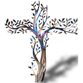 Large Cross Tree of Life Metal Wall Art Decor, Christian Cross Tree Wall Art, 15.74x14.31 Inches, Colorful Decor Hanging for Living Room, Entryway, or Prayer Room