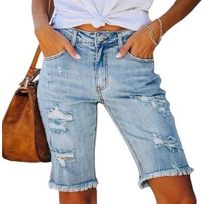 Women Bermuda Denim Shorts Mid Waist Stretchy Five Points Jean Shorts